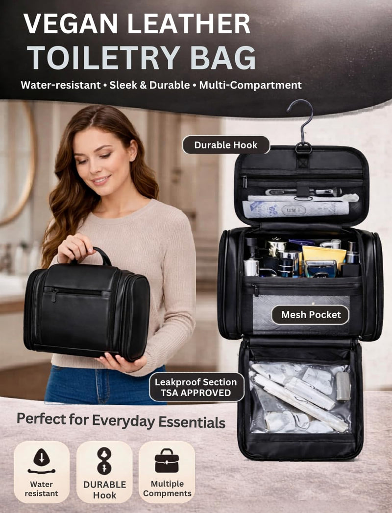 TUCKR Leather Toiletry Bag for Men & Women, Travel Dopp Kit for Everyday Essentials, Water Resistant, Compact & Sleek Design with Hook and Multiple Compartments (Black) Black