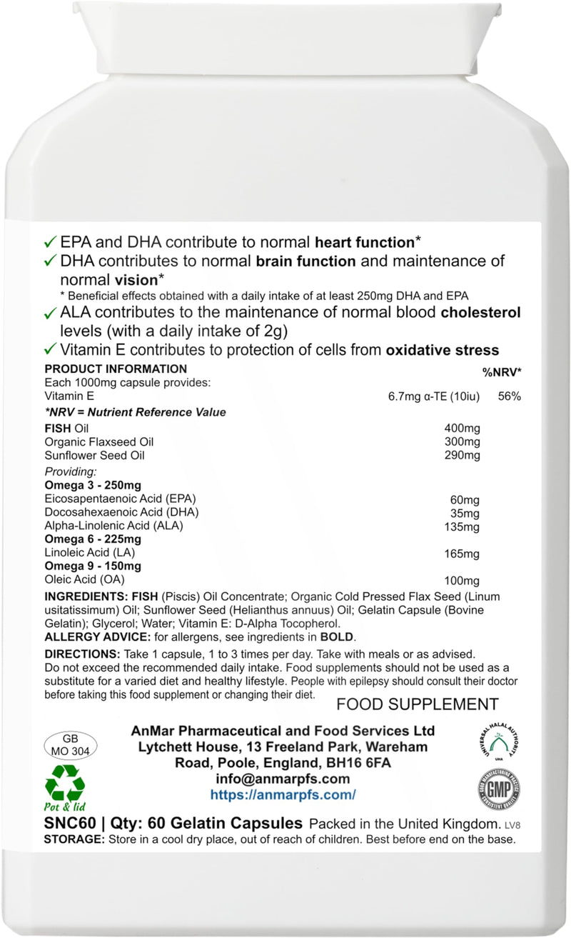 AnMar® Vital OmegaFusion 3-6-9 – Omega 3, 6 & 9 Essential Fatty Acid Complex with Fish Oil, Flaxseed Oil & Vitamin E – Heart, Brain & Vision Support – 1000mg Softgel Capsules – 60 Capsules
