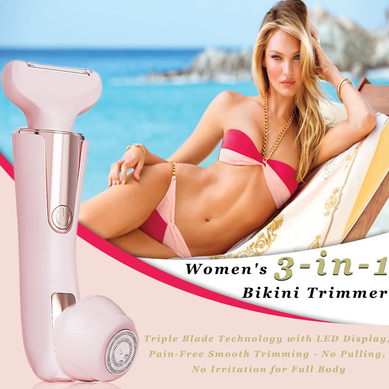 [Australia] - Bikini Trimmer for Women 3 in 1 Body Shaver | No Nick Replaceable Dual Heads | Rechargeable Electric Razors for Pubic Hair with LCD Display | Women's Bikini Area, Face, Legs & Underarms Trimmer 
