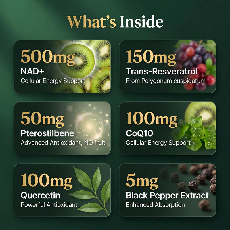 NAD+ Energy Gummies 500mg, NMNH Alternative Complex with Resveratrol, CoQ10, Quercetin, Pterostilbene & Vitamin B Complex, Cellular Energy, Anti Ageing 60 Vegan Kiwi Gummies