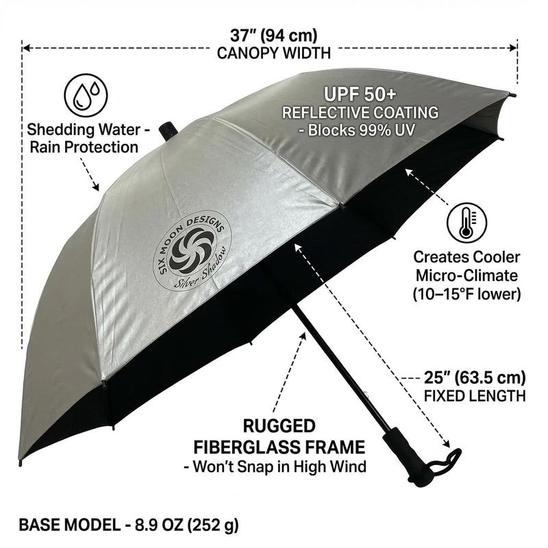Six Moon Designs Silver Shadow Hiking Umbrella - UPF 50+ Sun & Rain Protection - Ultralight 8.9 oz Fiberglass Frame - Durable Reflective Trekking Umbrella for Backpacking, PCT, and Desert Travel