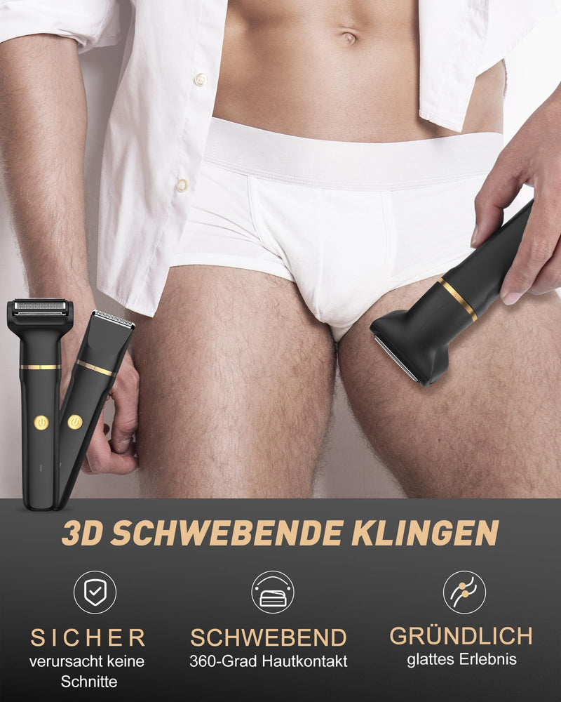 [Australia] - Men's intimate razor, 3-in-1 men's electric razor/nose hair trimmer, IPX7 wet-dry razor, 120 min. running time, men's razor intimate area for armpit, legs, chest, groin, nose, USB-C charging station 