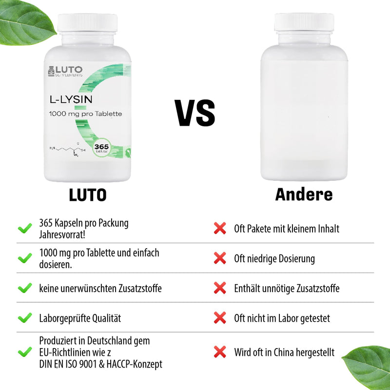 [Australia] - L-Lysine 1000-365 tablets - 1000 mg per ONE tablet - From plant fermentation - Without unwanted additives - High dosage - Vegan - LUTO Supplements 