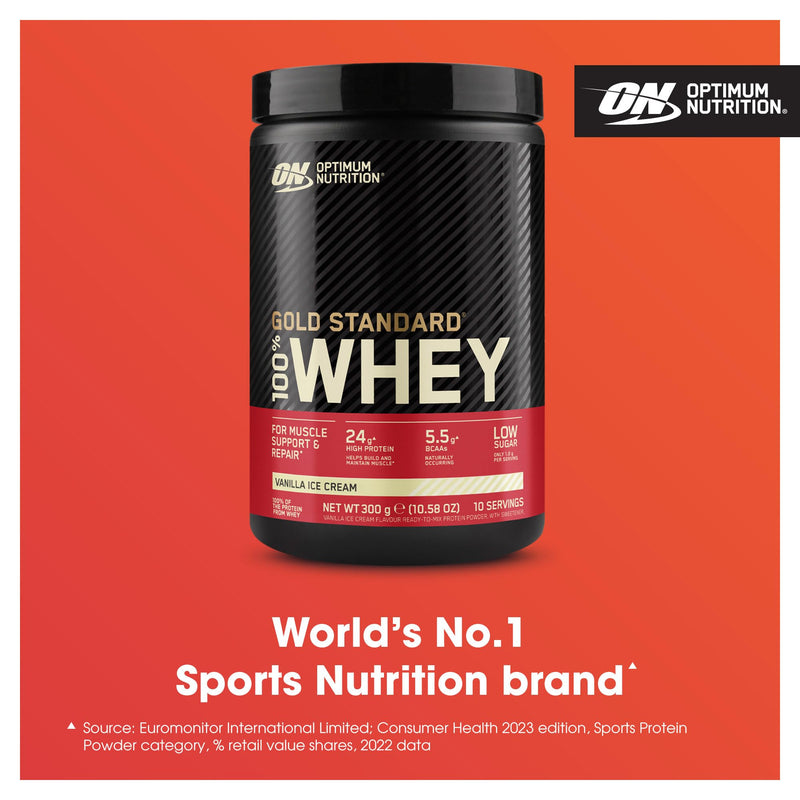 Optimum Nutrition 100% Gold Standard Whey Protein Powder, 24g Protein, Vanilla Ice Cream, BCAA, Low-Sugar, Fast‑Digesting Isolate for Muscle Gain & Recovery, 300g, 10 Servings