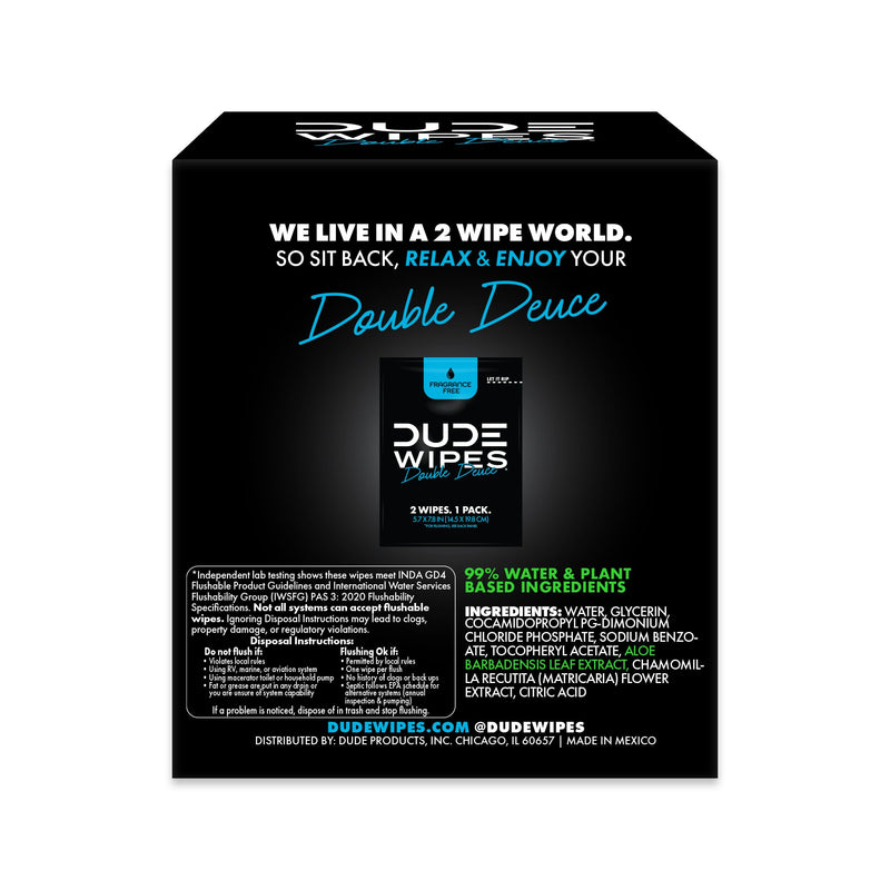 DUDE Wipes Double Deuce On-The-Go Flushable Wipes, 2 Per Pack, 80 Count | 40 packs of 2 unscented flushable butt wipes. Travel essentials. Hypoallergenic, 99% water, vitamin E and aloe. Septic safe. Fragrance Free 80 Count (Pack of 1)