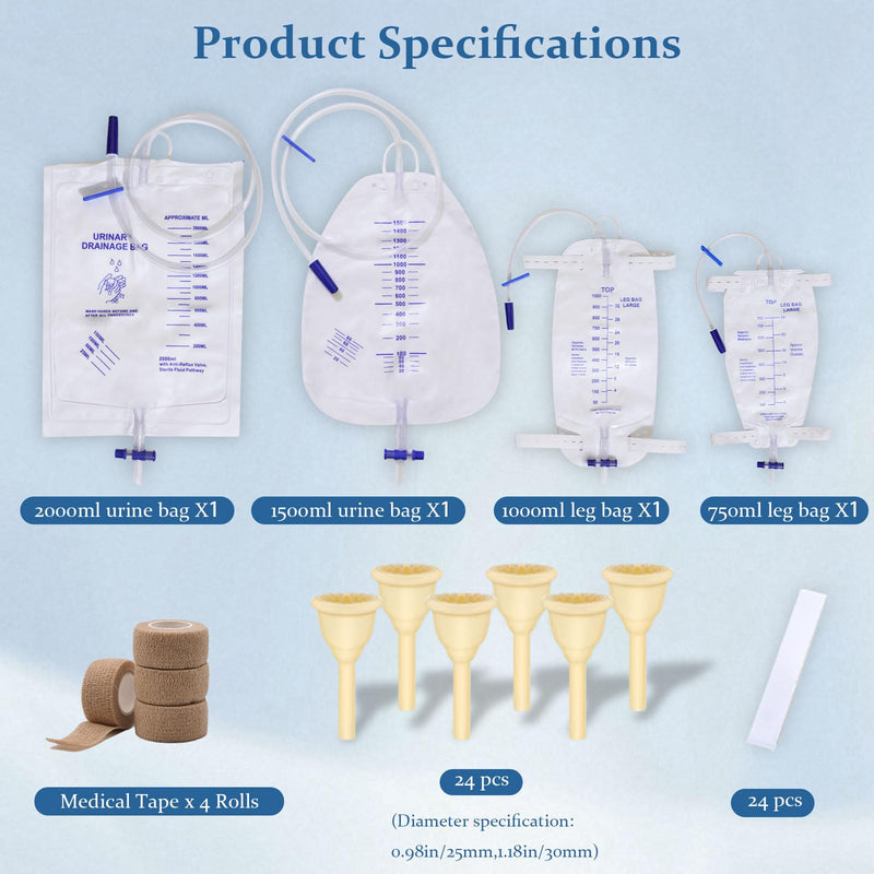 [Australia] - External Male catheters for Men, 24pcs Soft Latex Sets, 1 pcs 750 ml Leg Bag, 1 pcs1000 ml Leg Bag, 1 pcs 1500 ml Urine Bag, 1 pcs 2000 ml Urine Bag with 4 Rolls of Tape - Urine Collection (30mm) 30mm 