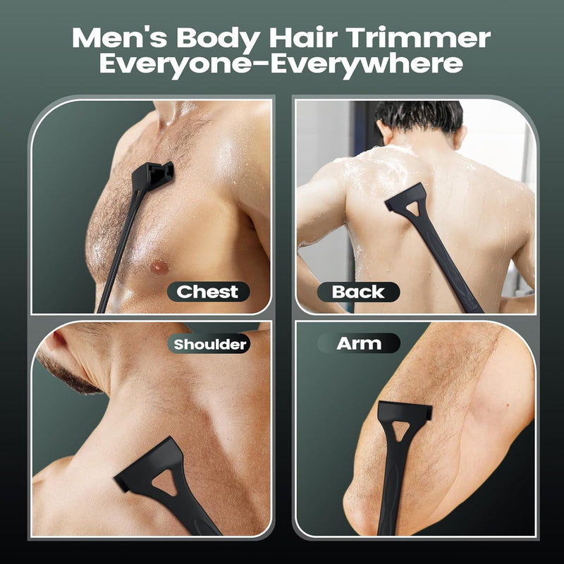 Back Shavers for Men with Foldable Long Ergonomic Handle: DIY Hair Shaver, Replaceable Safety Blade & Portable Razor Groomer for Men, Wet & Dry Shaving-Black (8PCS Blades Included) Black