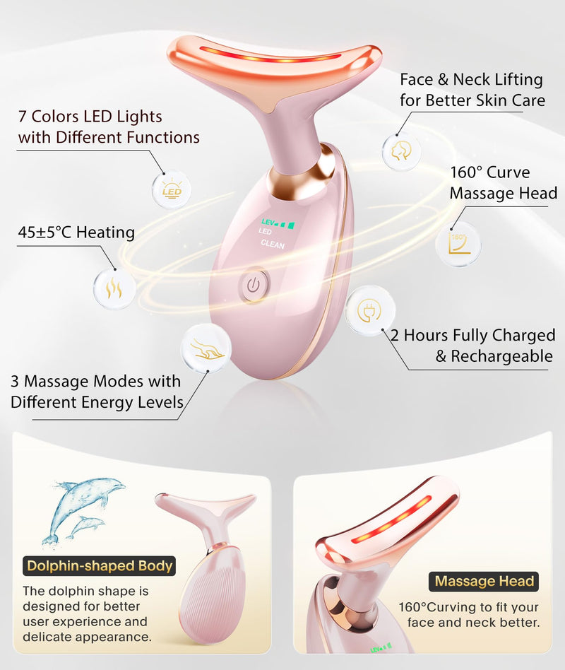 Light Based Face-Neck-Massager - 7 Color Portable Facial Massager for Skin Care, Glossy Pink Pink A1