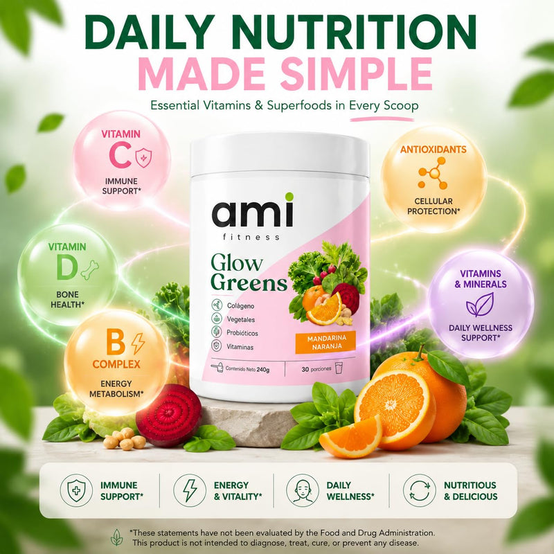 ami fitness Glow Greens, Collagen Greens Drink Mix with Probiotics, Digestive Enzymes, Vitamins and Superfood Greens, Mandarin Orange Flavor, 240 g, 30 Servings 1 Count (Pack of 1)