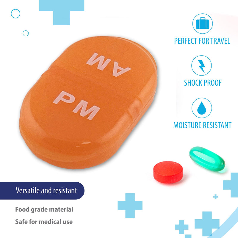 Deke Home - Pill Organizer AM PM, 2 Compartment Pill Box for Pocket or Purse, Small Daily Medicine Case, Travel Pill Holder, Easy Open Pill Container for Seniors, Vitamins & Supplements (Orang) Orange