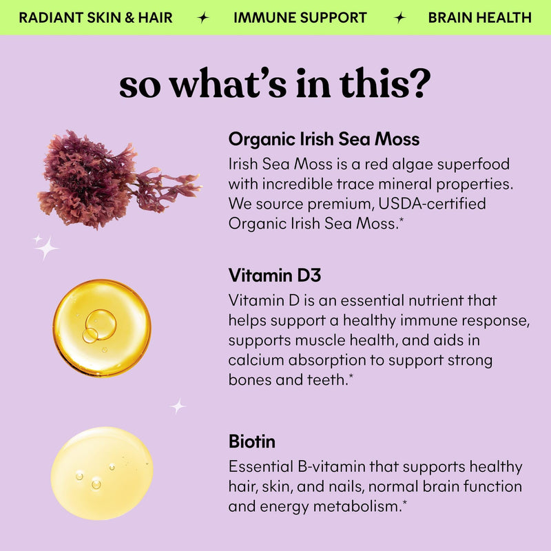 Lemme Irish Sea Moss Organic Liquid Drops with Vitamin D3, 30-Day Supply | Vitamin D3 & Biotin, Thyroid, Immunity, Hair Skin & Nails & Brain Health Support, Trace Minerals, Sugar Free