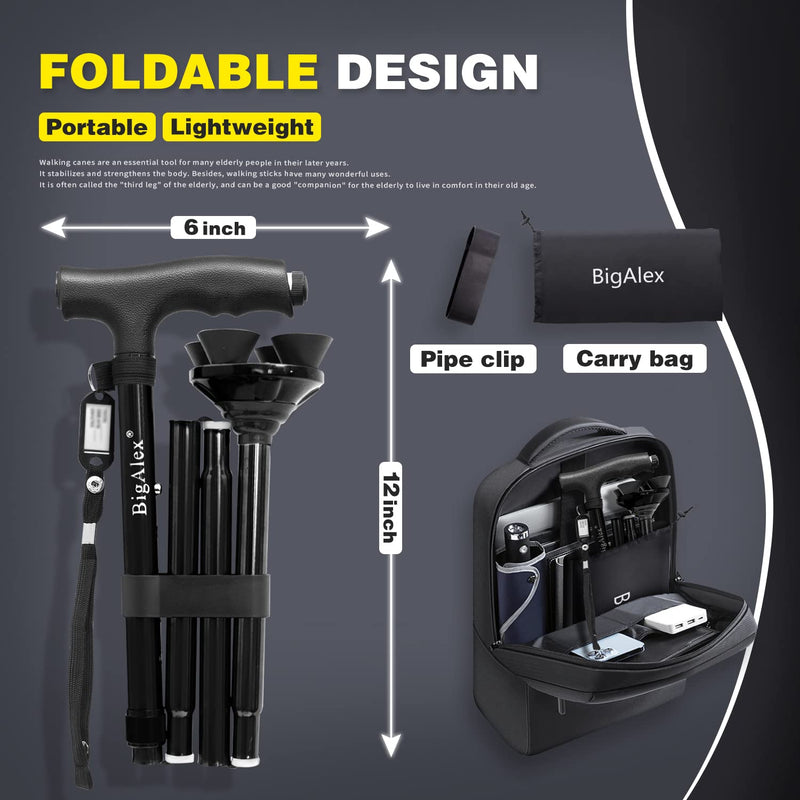 [Australia] - BigAlex Folding Walking Cane with LED Light,Pivoting Quad Base,Adjustable Walking Stick with Carrying Bag for Men/Women Black(33"-38") 