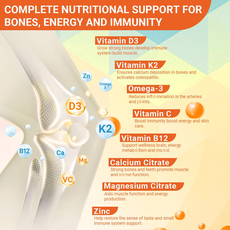 Vitamin D3 K2 Gummies, D3 K2 Vitamin with Omega 3, Calcium, Magnesium | for Bone Muscle Teeth Immune, Sugar Free 60 Count (Pack of 1)