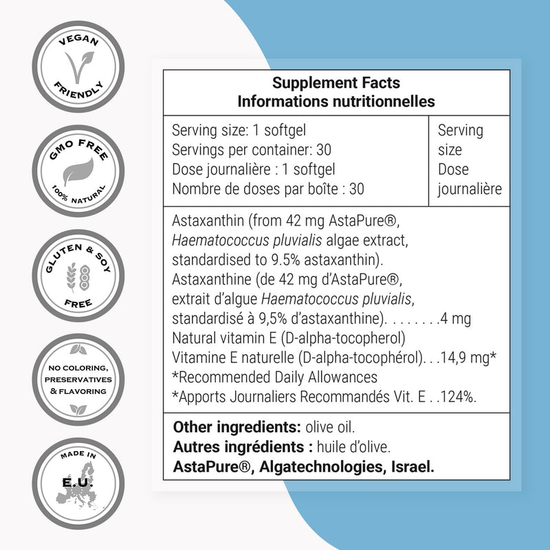 Supersmart Astaxanthin 4mg per Day (Patented & High Potency) - with AstaPure, Vitamin E, Olive Oil - Antioxidant Carotenoid | Non-GMO & Gluten Free - 30 softgels