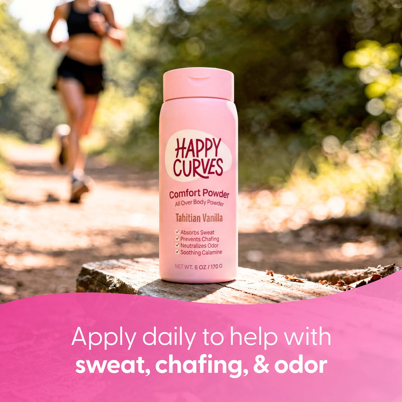 HAPPY CURVES Comfort Powder: Talc Free Anti Chafe Body & Foot Dusting Powder Deodorant to Control Inner Thigh Chafing, and Private Areas 6oz (Pack of 1) - Tahitian Vanilla 6 Ounce (Pack of 1)