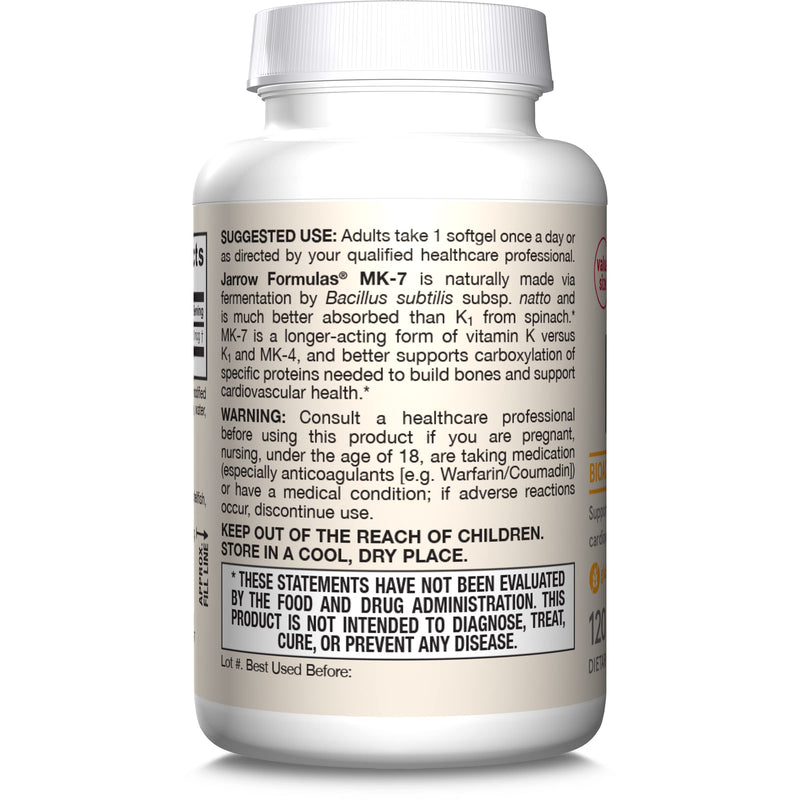 Jarrow Formulas MK-7 90 mcg - Bioactive Form of Vitamin K2-120 Servings (Softgels) - for Bone & Cardiovascular Health - Vitamin K2 MK-7 Dietary Supplement - Gluten-Free 120 Count (Pack of 1)