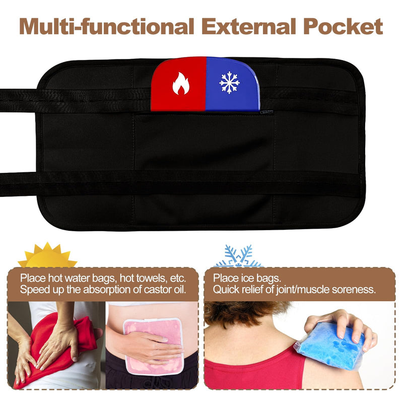 [Australia] - Organic Castor Oil Pack Wrap - Reusable Castor Oil Compress Wrap Kit with Adjustable Elastic Shoulder Straps - Organic Flannel Castor Oil Packs - Waterproof & Oil-Proof - Machine Washable Black 