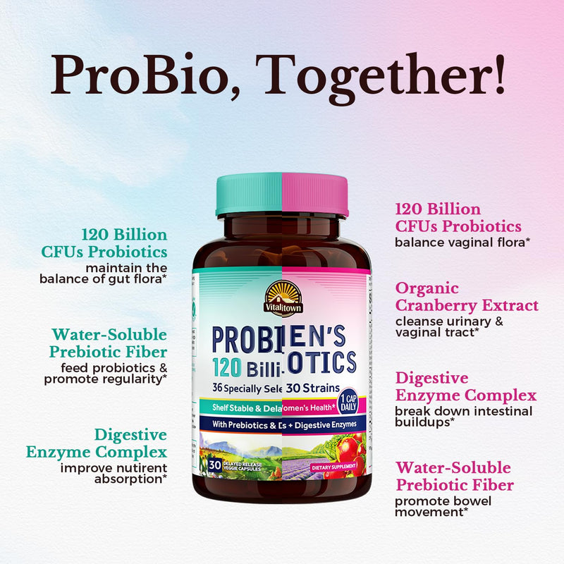 Vitalitown Probiotic Bundle (Pack of 2) | Probiotics 120 Billion CFUs (Item 1) & Women’s Probiotics (Item 2) | Shelf Stable, Once Daily | Gut, Immune, Vaginal Health | 60 Capsules | 30 Day Supply Each