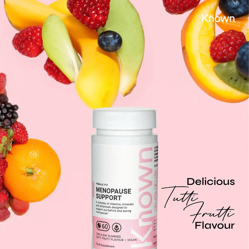 Known Menopause Support Gummies – Tutti Frutti Flavour – Vegan Multivitamin Gummy Supplement with Evening Primrose Oil, Sage, Red Clover & Vitamins – Perimenopause & Postmenopause – 1 Month Supply 30 Days Supply