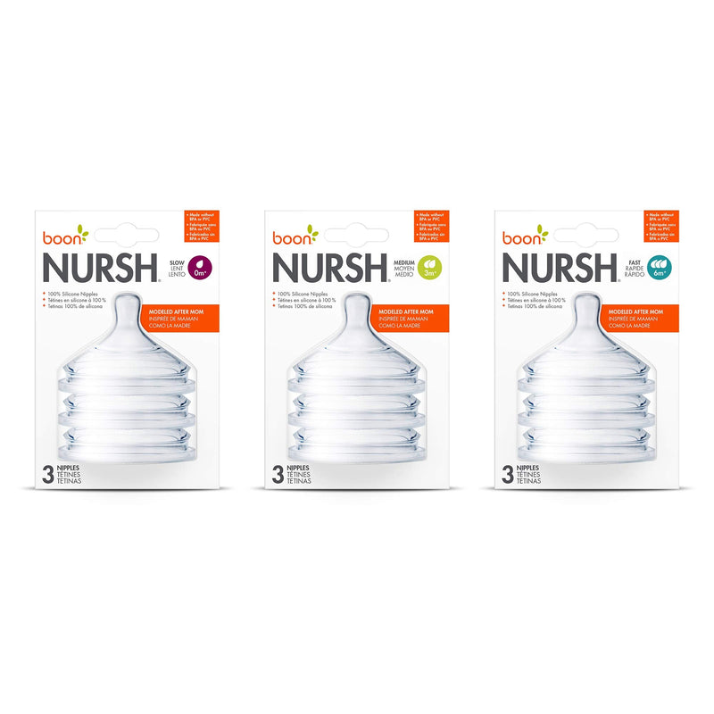 Boon Nursh Silicone Baby Bottle Nipples - Bottle Nipples for Boon Nursh Baby Bottles - Baby Bottle-Feeding Supplies - Fast Flow Baby Bottle Nipples - 3 Count