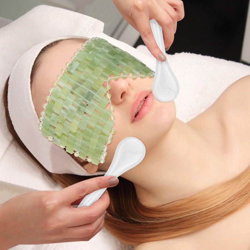 4 Pcs Jade Eye Mask & Skin-Safe Glass Facial Massage Tool, Jade Cooling Mask & Gua Sha Therapy Roller for Skincare Relieve Puffiness, Anti-Aging, Stress Relief White