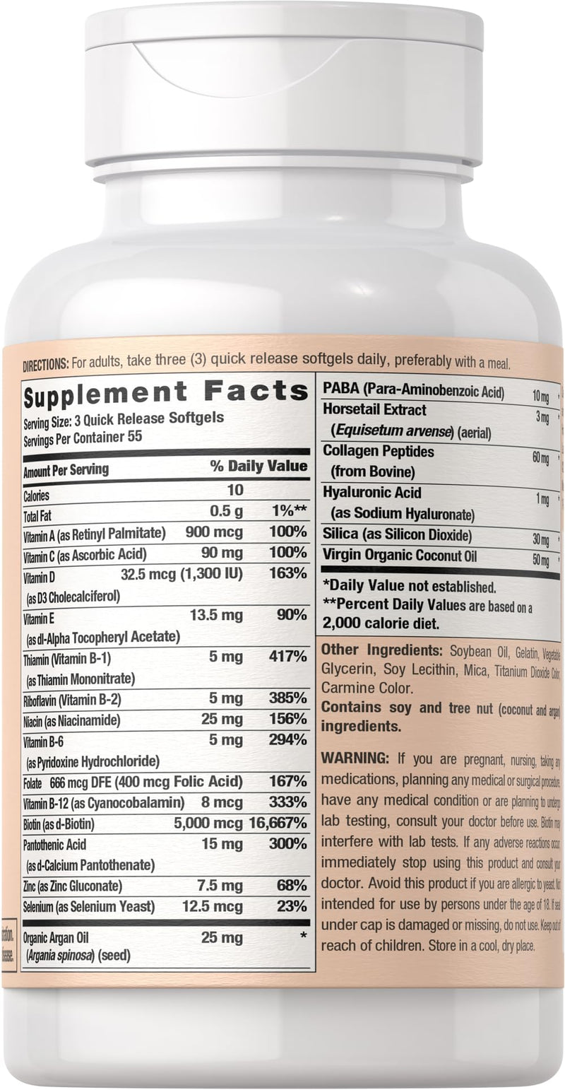 Coera Hair Skin & Nails with Biotin, Collagen, and Moroccan Argan Oil | 165 Softgels | For Men and Women | Non-GMO, Gluten Free Supplement