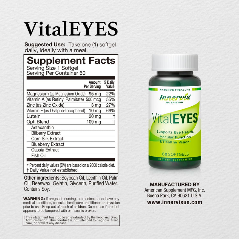 VitalEYES High Potency Lutein 20mg & Astaxanthin, Macular & Clear Vision Support, Eye Health Vitamins A, E, Zinc, Magnesium, Premium Eye Supplement for Digital Users 60 Softgels,