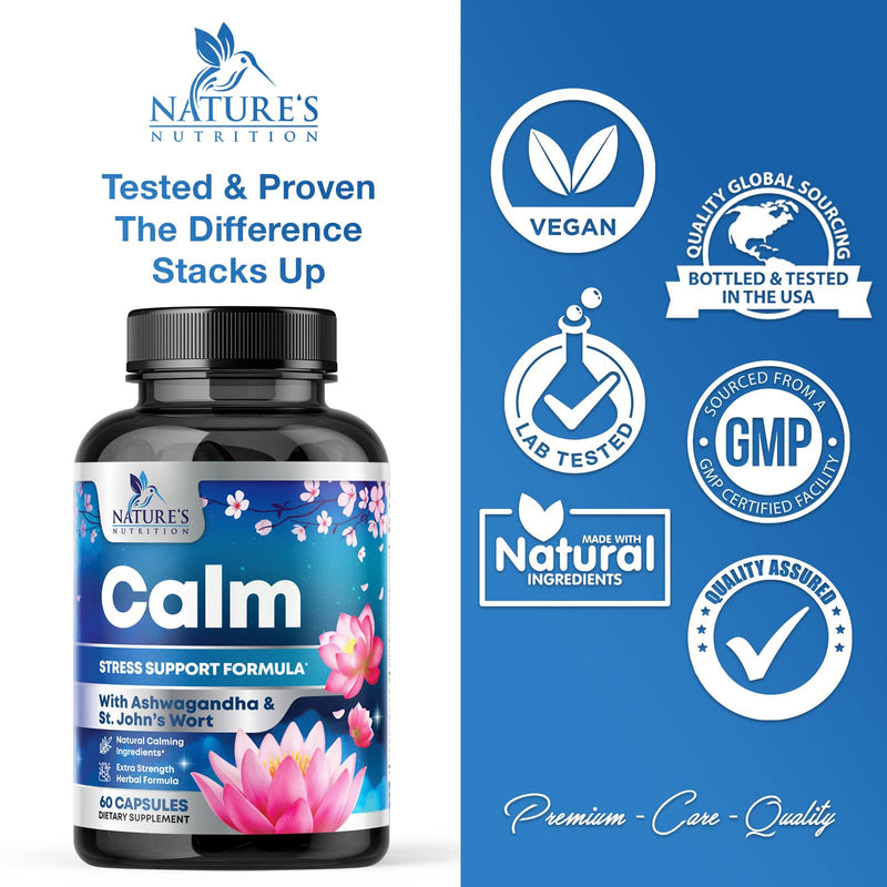 Stress Support Supplement - Extra Strength Ashwagandha, GABA, Magnesium, L-Theanine for Relief - Supports Mood & Focus - Naturally Calm, Unwind & Relax - Eases Tension & Nervousness - 60 Capsules 60 Count (Pack of 1)