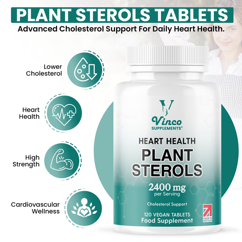 Vinco Plant Sterols High Strength 2400mg - 120 Vegan Tablets, Supports Healthy Cholesterol Levels - Contains Beta-Sitosterol, Vegan and Vegetarian Friendly - Made in The UK