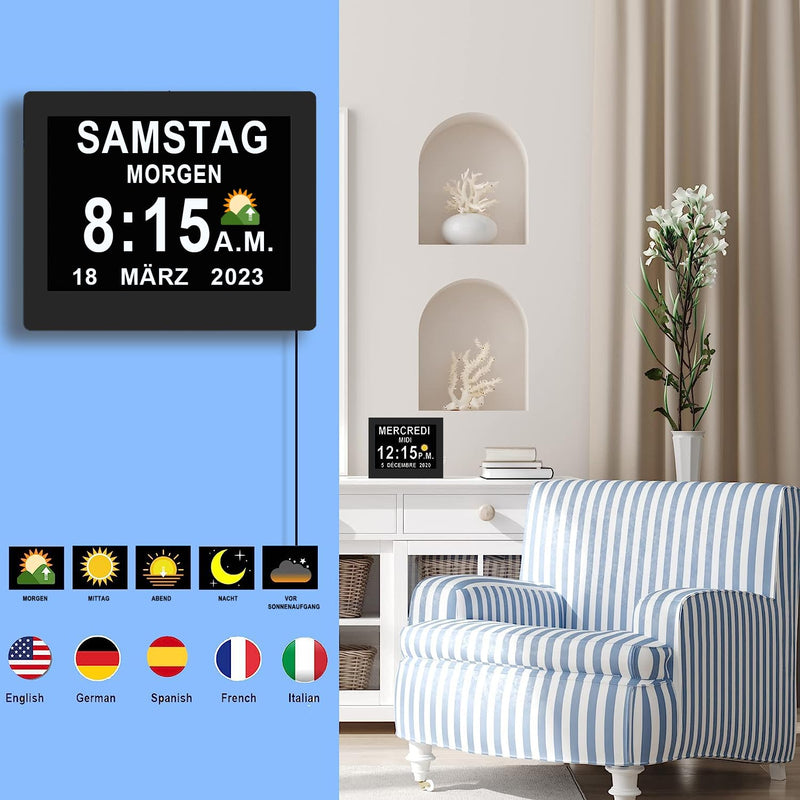 [Australia] - Véfaîî 2024 New, 19 Alarms Electronic Day Date Calendar Clock, Non-Abbreviated Day Date Large Clock for Seniors with Dementia Alzheimer - with Remote Control - 8 Inch with Remote Control Black 