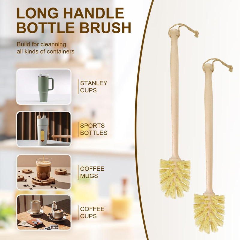 [Australia] - 2-Pack Natural Wooden Bottle Brush with Sisal Bristles, Long Handle Bottle Brush Cleaner for Wide Mouth Jars, Water Bottles, Cups, Glasses, Baby Bottles (Non-Scratch) 