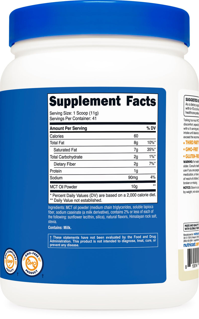 [Australia] - Nutricost Premium MCT Oil Powder (1 LB, Vanilla) - Best for Keto, Ketosis, and Ketogenic Diets - Zero Net Carbs, Non-GMO and Gluten Free, Medium Chain Triglyceride 