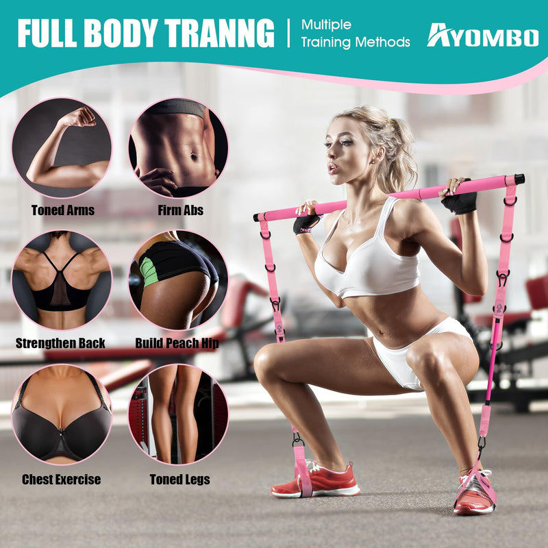[Australia] - Pilates Bar Kit with Resistance Bands, Pilates Workout Equipment for Legs, Hip, Waist, Arm, Squats Exercise Equipment for Home Workouts, Adjustable 3-Section Pilates Bar Kit for Women & Men 1-Pink New-140LBS 