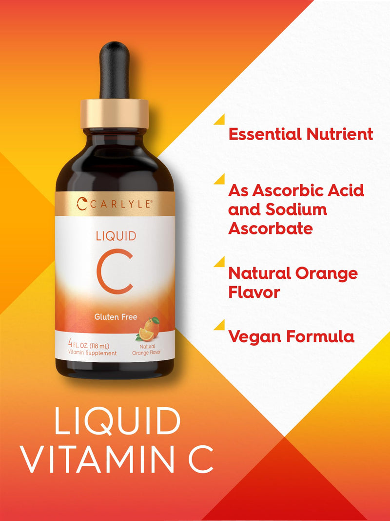 Carlyle Vitamin C Liquid Drops | 4 fl. oz | Ascorbic Acid and Sodium Ascorbate | Orange Flavor | Vegan, Non-GMO, Gluten Free Supplement