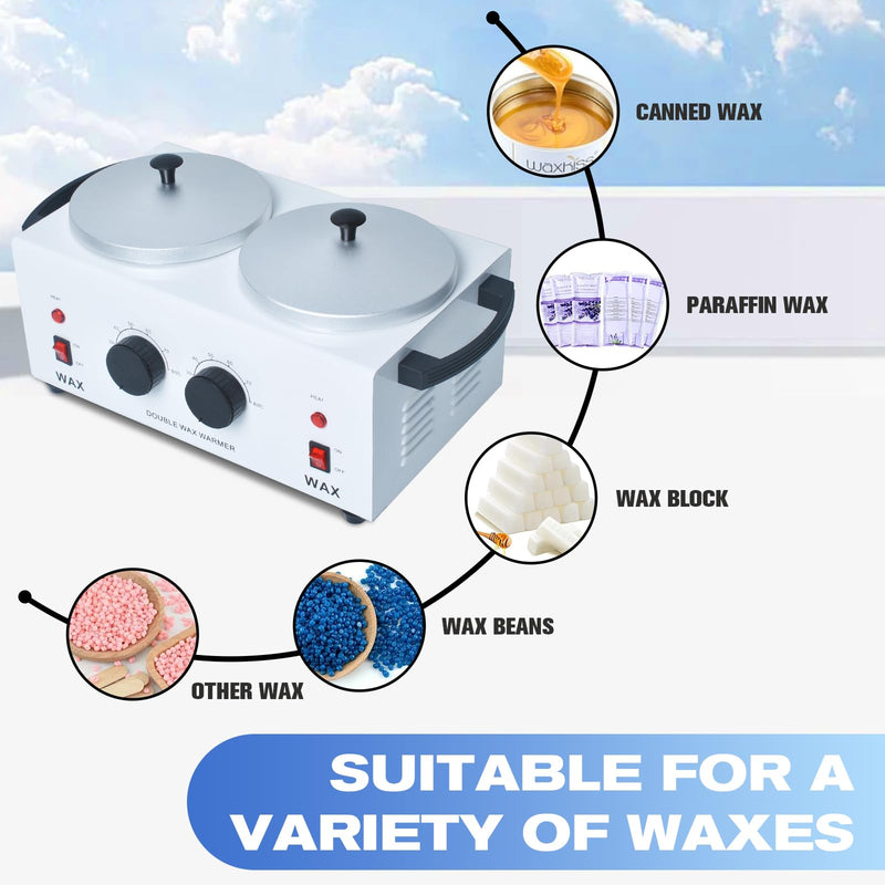 Double Wax Warmer Professional，Wax pot for Hair Removal with Adjustable Temperature Set, Portable Professional Wax Heater for spa and Salon,Body with 200pcs Wax Sticks White - Double Pot