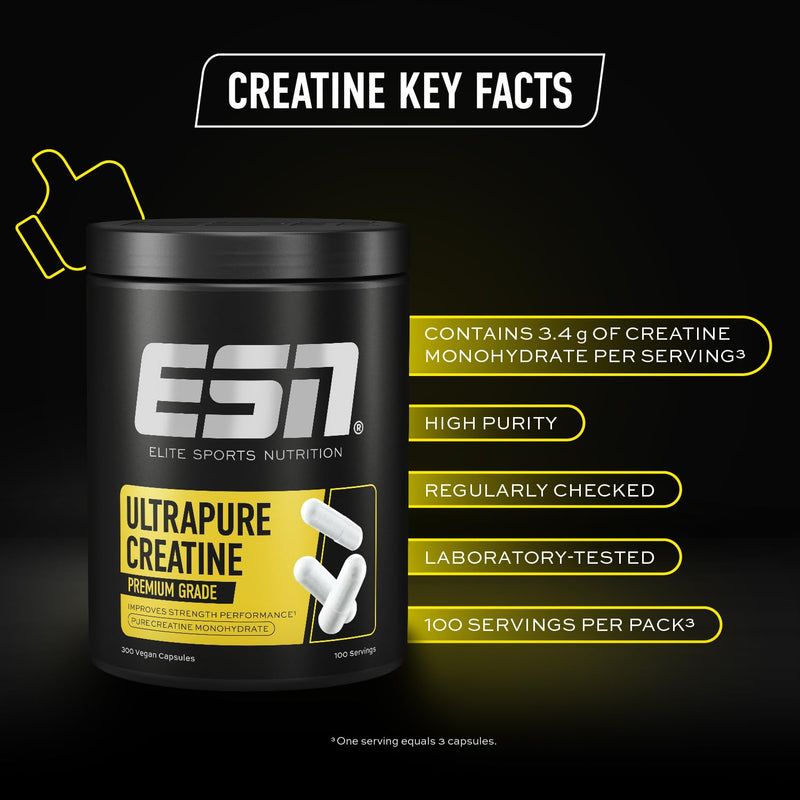 ESN Creatine Giga Caps, 300 Capsules, 0.77 lbs, 100 Servings Creatine Monohydrate - Vegan - Made in Germany, Laboratory Tested 300 count (Pack of 1)