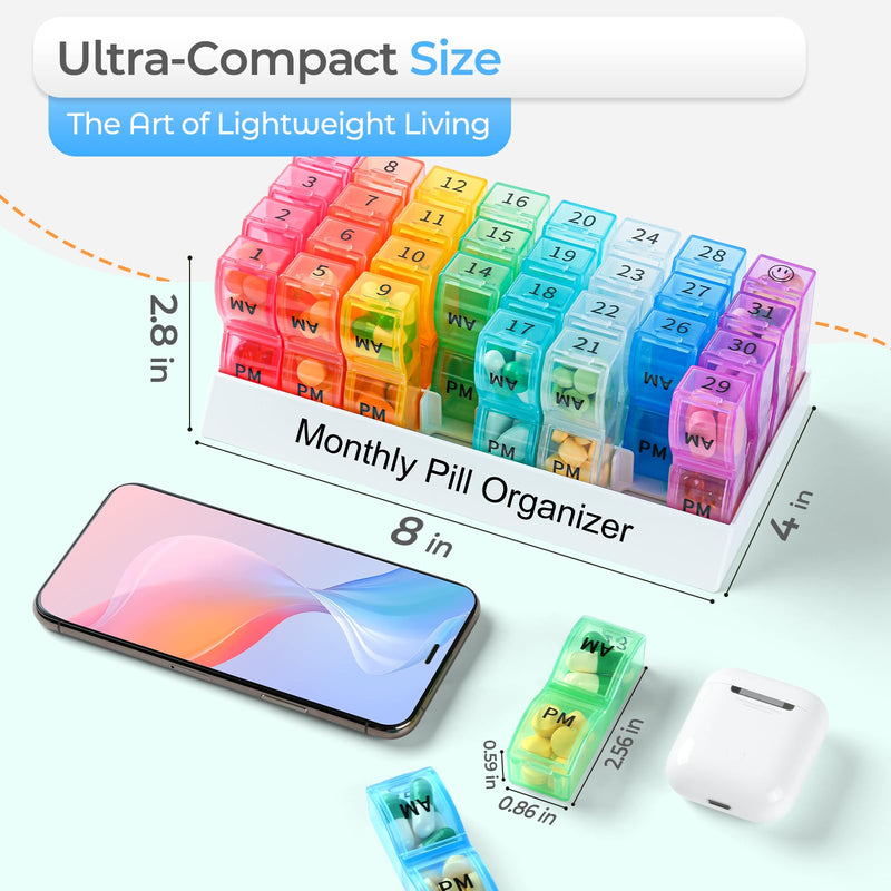 Colorwing Monthly Pill Organizer 2 Times a Day，Compact Pill Case | Ultra-Compact, Pocket-Sized, Ultra-Light, Featherweight, Monthly Tracking, Daily Dose, Detachable Lid, Easy-Clean, BPA-Free Rainbow