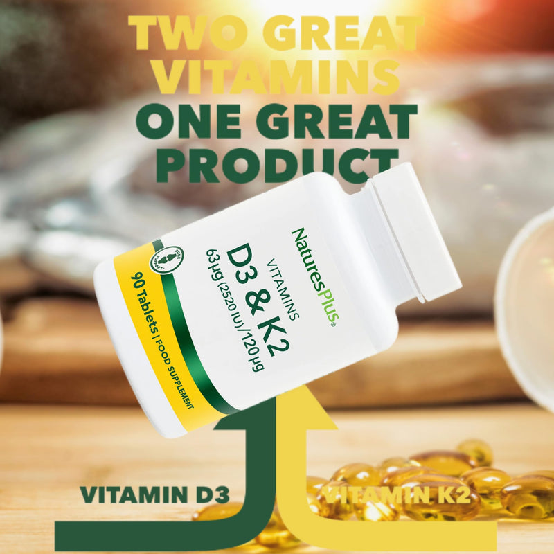 NaturesPlus Vitamin D3 2520IU with Vitamin K2 120mg - High Strength Vitamin D and K2 Supplement, Bone and Immune Support - One a Day, Gluten Free, Vegetarian - 90 Tablets