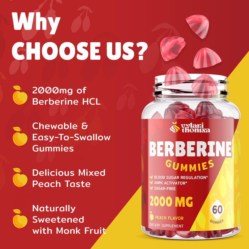 [Australia] - 2000mg Berberine Supplement Gummies - High Potency Berberine with Ceylon Cinnamon Candy, Turmeric, Magnesium, Chromium - Sugar Free, Vegan, Non-GMO, Gluten-Free - Peach Flavor 60 Gummies - 1 Pack 60 Count (Pack of 1) 