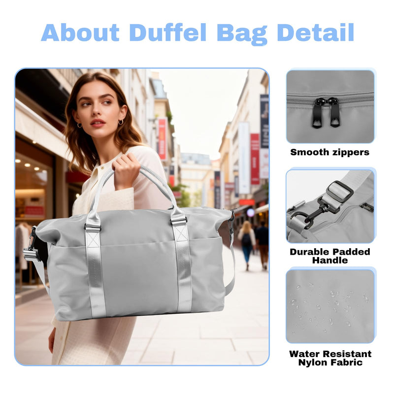 Travel Duffle Bag for Women, Carry On Weekender Tote with Trolley Sleeve | Waterproof overnight bag for gym, sports, hospital stays, labor and delivery; spacious carry-on design for short trips. Misty Grey