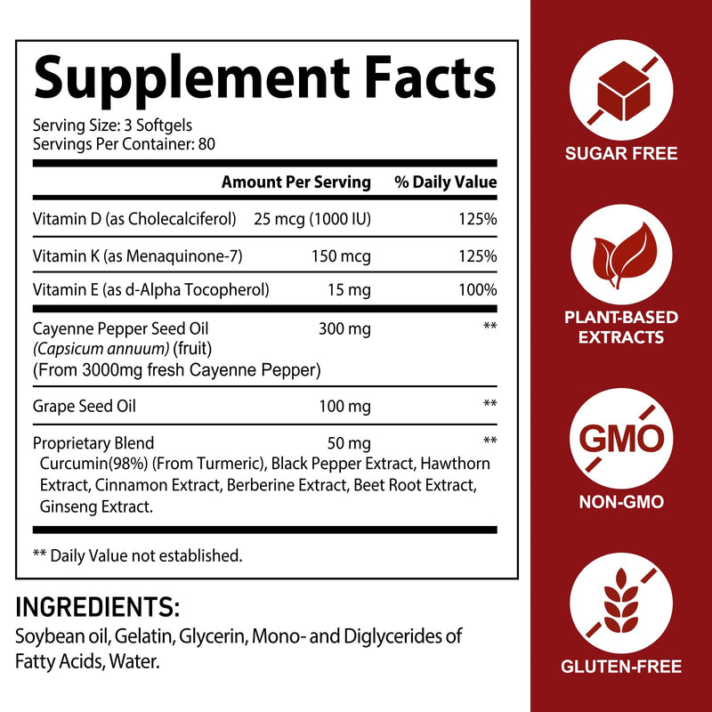 Cayenne Pepper Capsules 240 Softgels - 12-in-1 Capsaicin Supplements with Vitamin D3, K2 & E, Turmeric, Beet Root, Black Pepper Extrac - Supports Blood Circulation, Digestive Health, Daily Energy