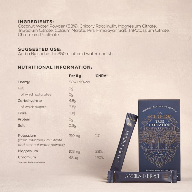 Ancient + Brave True Hydration - Electrolyte Powder 15 x 6g Sachets - Magnesium, Potassium, Chromium - Coconut Water Blend for Morning Replenishment, Post Workout Recovery - Vegan, Natural Flavor 90g Sachets