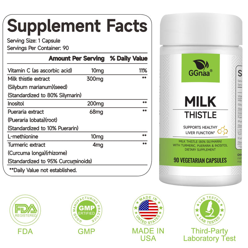 Milk Thistle Capsules, Milk Thistle Extract & Antioxidants 300mg, Pueraria& Inositol & Vitamin C, Liver Detox Support, 90 Capsules 1