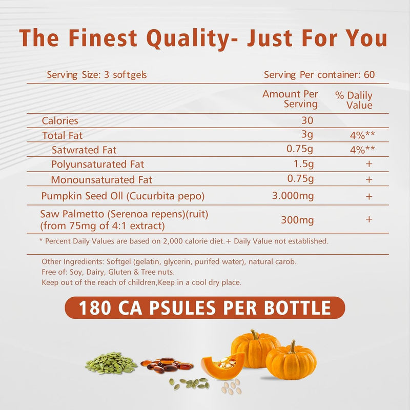 Pumpkin Seed Oil Capsules | Cold Pressed, Pure Virgin Oil, Essential Fatty Acids & Phytosterols 180 Softgels, Good for hair health | Non-GMO