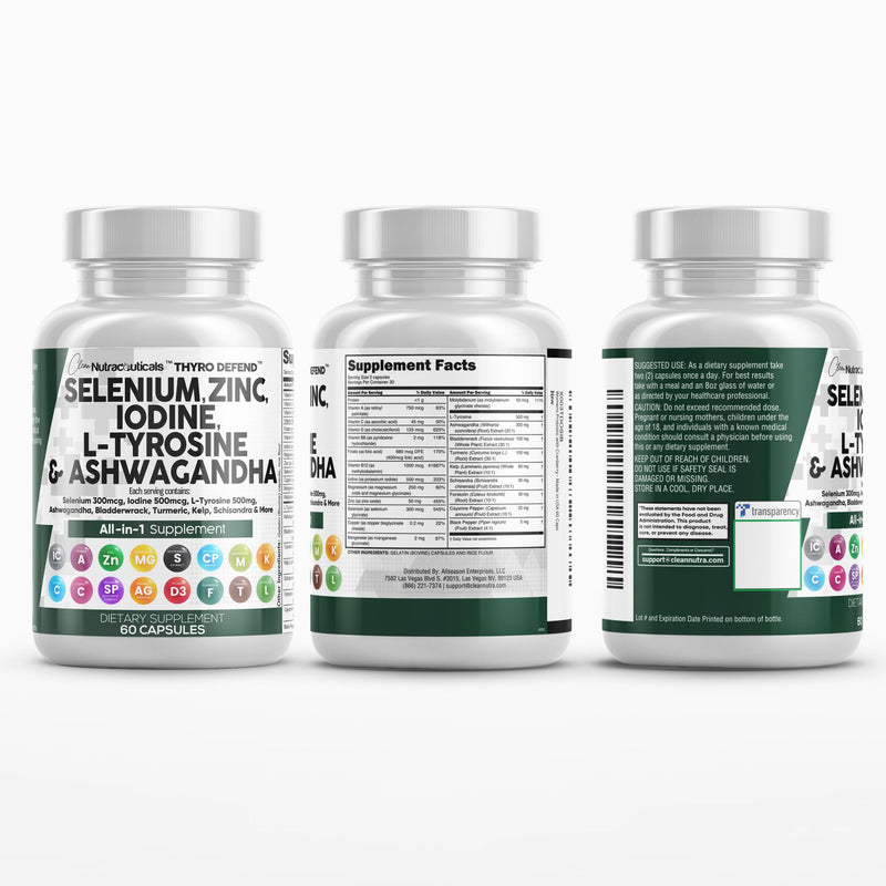 [Australia] - Clean Nutra Selenium 300mcg Iodine 500mcg Thyroid Support for Women & Men | L Tyrosine 500mg Ashwagandha Supplement Bladderwrack, Turmeric, Kelp, Schisandra Zinc Pills Capsule Supplements 