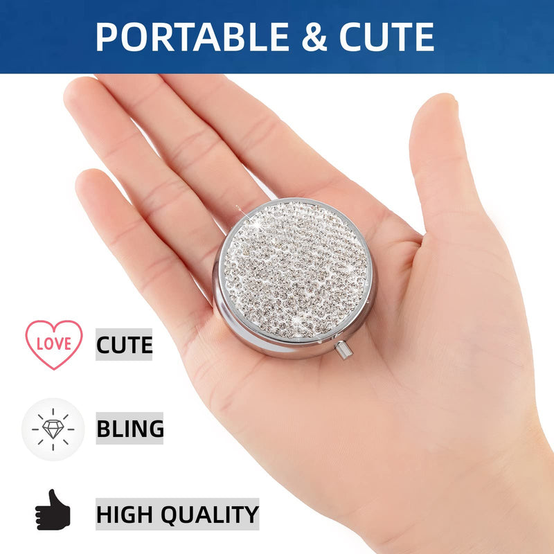 Medicine Organizer Box Pocket Pharmacy Bling Travel Pill Case Box for Purse Mini Pill Holder Organizer Small Pill Container for Vitamin(Silver) Silver