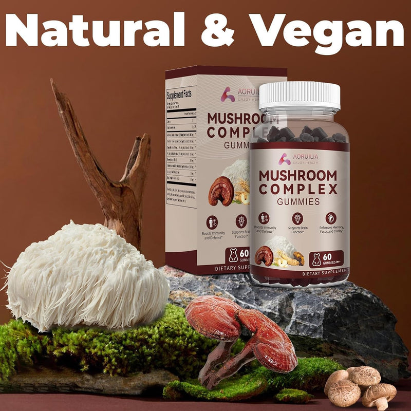 12-in-1 Mushroom Gummies with Lion's Mane, Reishi, Chaga, Maitake, Ginseng, Shiitake for Focus, Immunity & Mood, Vegan Mushroom Complex Supplement with Ashwagandha and Black Pepper- 60 Gummies 60 count (Pack of 1)