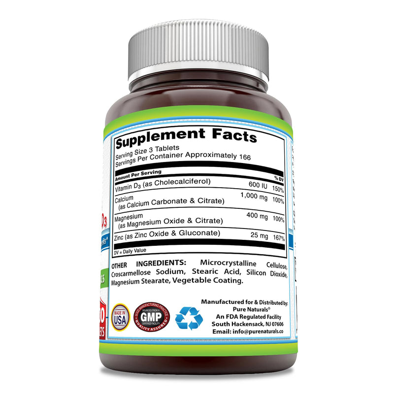 Pure Naturals Calcium Magnesium Zinc Vitamin D3 Supplement | Calcium 1000mg, Magnesium 400mg, Zinc 25mg, Vitamin D3 600 IU | Non-GMO | Gluten Free (500 Tablets) 500 Tablets