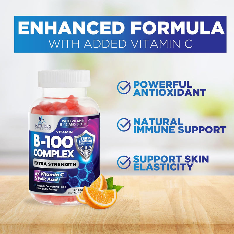 Vitamin B Complex Gummies - Extra Strength Super B Vitamin Gummy with Vitamin C, Immune Support for Men & Women - Energy and Brain Support Supplements with Folic Acid, Niacin, B6, B12 - 120 Gummies 120 Count (Pack of 1)