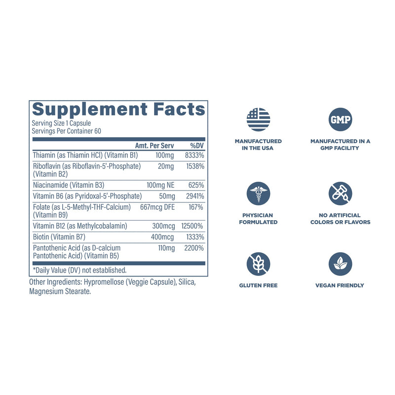 Revive MD Vitamin B Complex Capsules for Men & Women – Supports Heart Health, Energy & Immune System – Vitamin B12 Complex Promotes Healthy Brain Function & Overall Wellness (60 Servings)